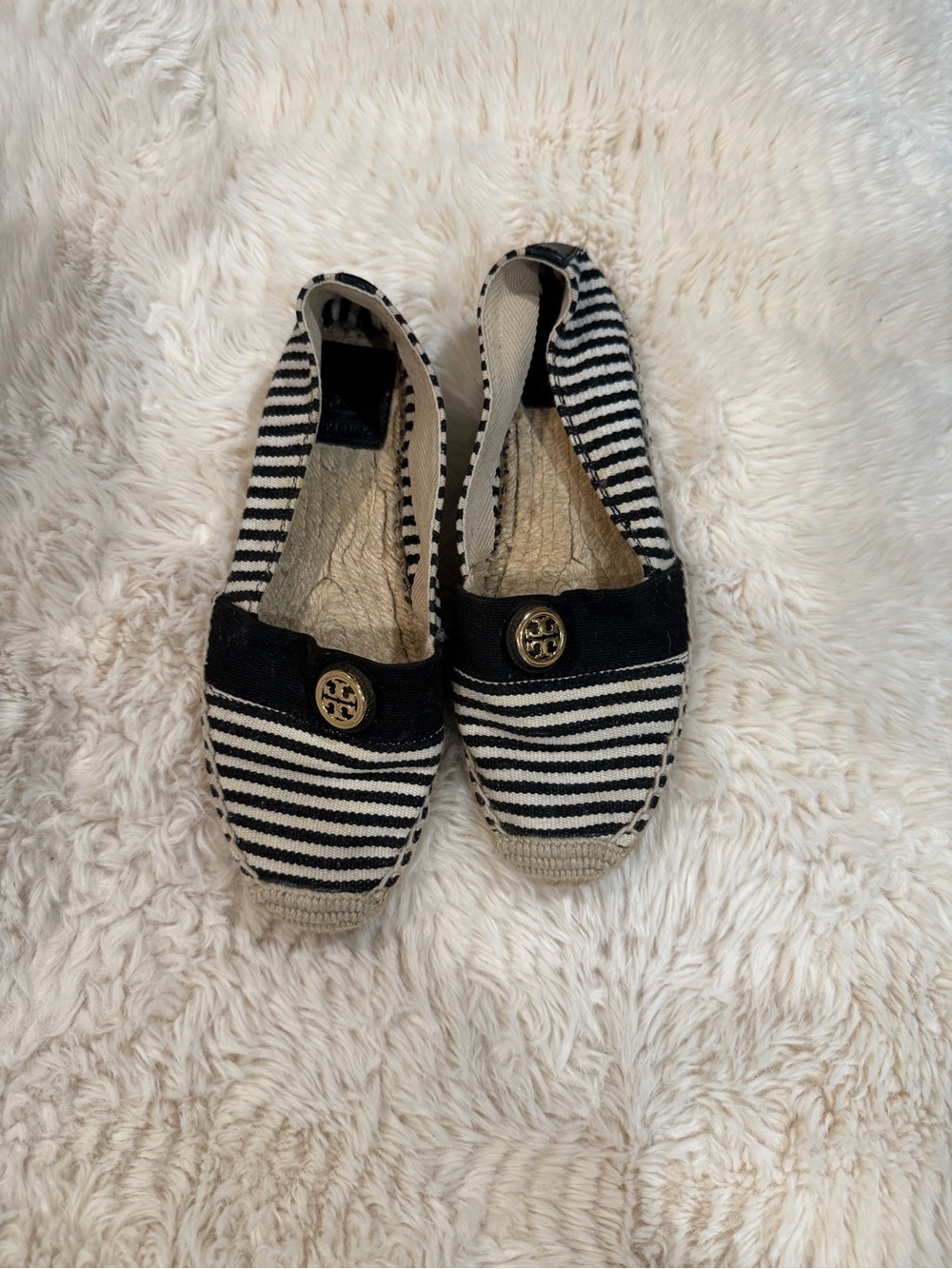 Tory Burch Black & White Striped Espadrille Flats